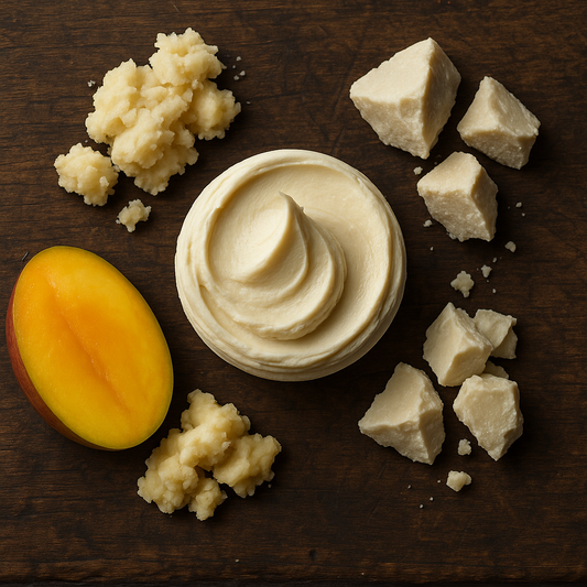 A rustic flat lay of natural butter ingredients, showing creamy Mango butter, chunks of Kokum butter, and a sliced mango arranged around a smooth scoop of the final blended product, highlighting its luxurious texture on a dark wooden surface.