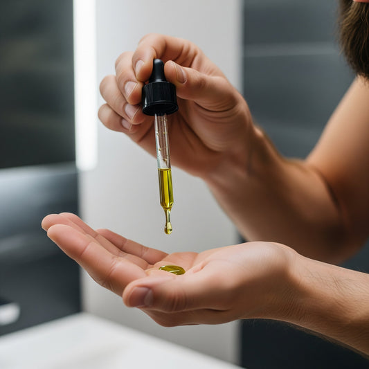 A man carefully dispensing a drop of natural, softening beard oil, demonstrating the correct way to start a beard care routine for maximum softness.