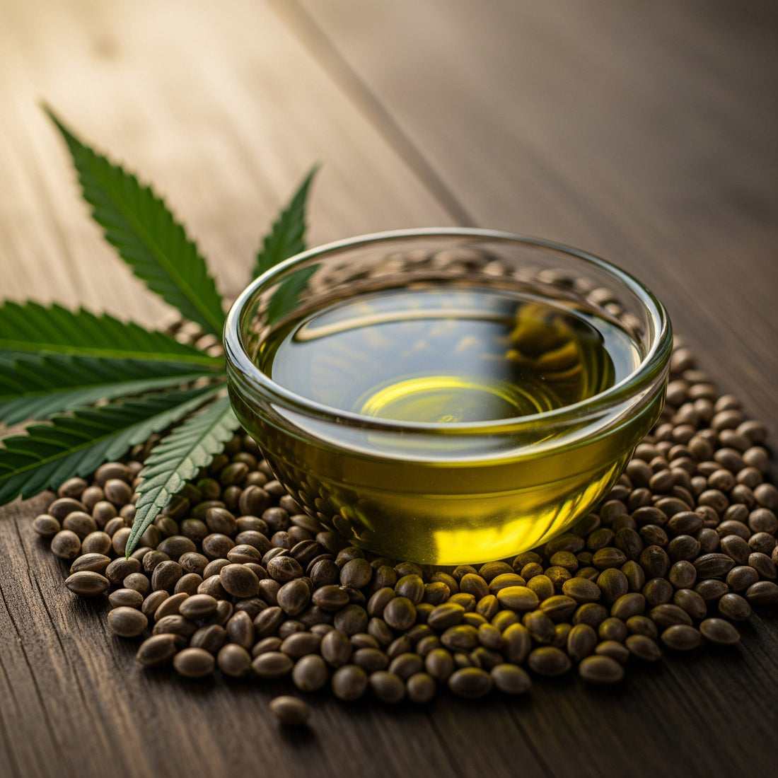 An earthy still life featuring a bowl of rich hemp seed oil surrounded by hemp seeds, showcasing a powerful natural ingredient for beard health.