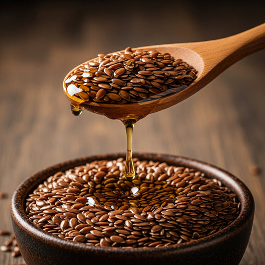 Close-up macro shot of a rich, golden drop of flaxseed oil falling from a spoonful of seeds, representing the Omega-3 powerhouse for beard strength.