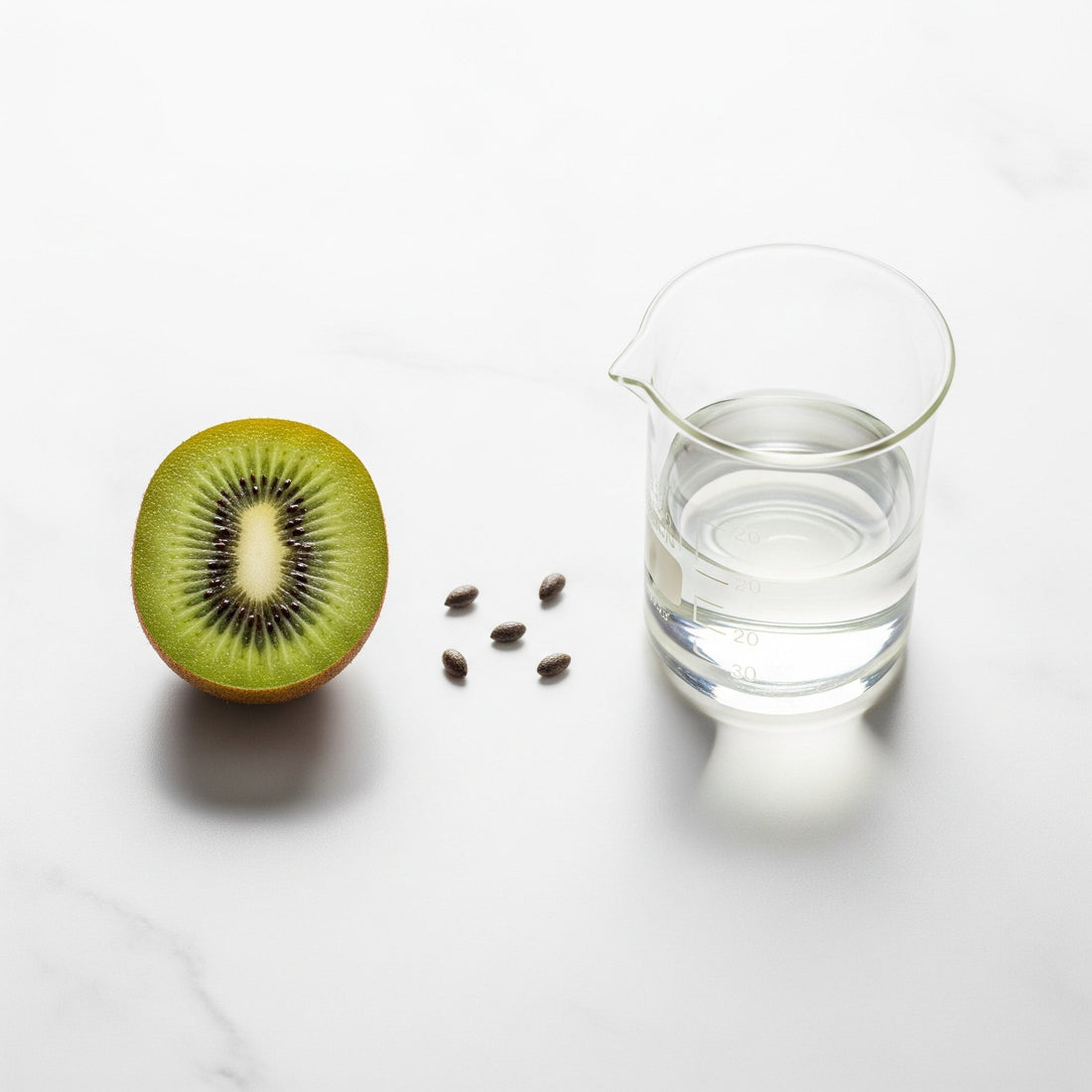 A minimalist still life showing the key ingredients of a natural beard oil: a vibrant green kiwifruit and pure olive squalane in a lab beaker.
