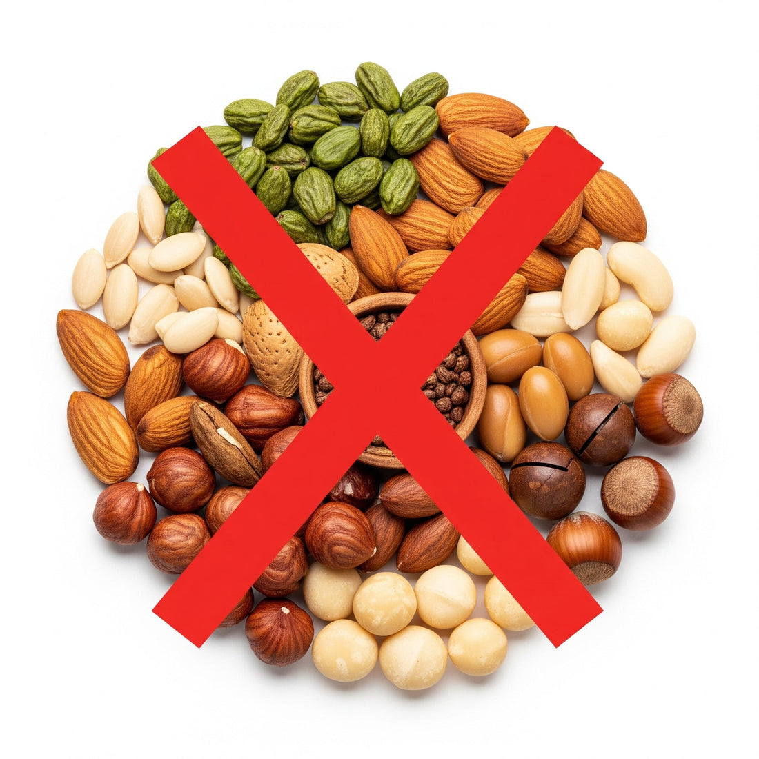 Common nut oils with a red X over them to show Rooted is nut-free and safe for sensitive skin