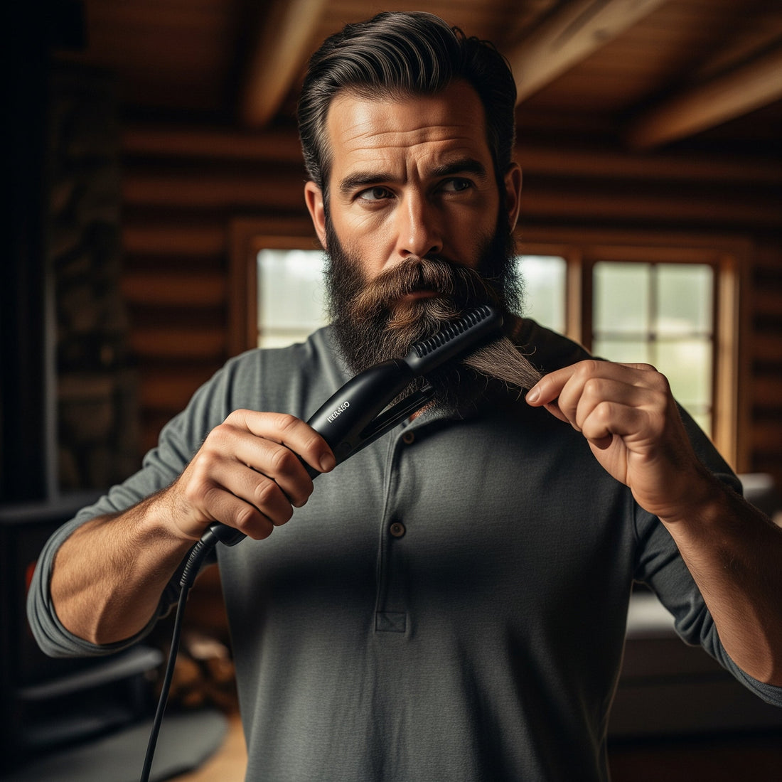 A man demonstrating a safe beard straightening technique by holding his beard taut while using a heated comb.
