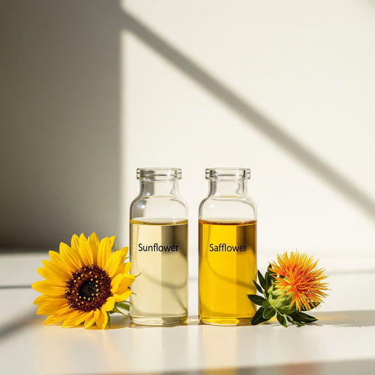 Sunflower and safflower blossoms next to vials of their oils, representing the light and balancing ingredients in a natural beard oil formula.