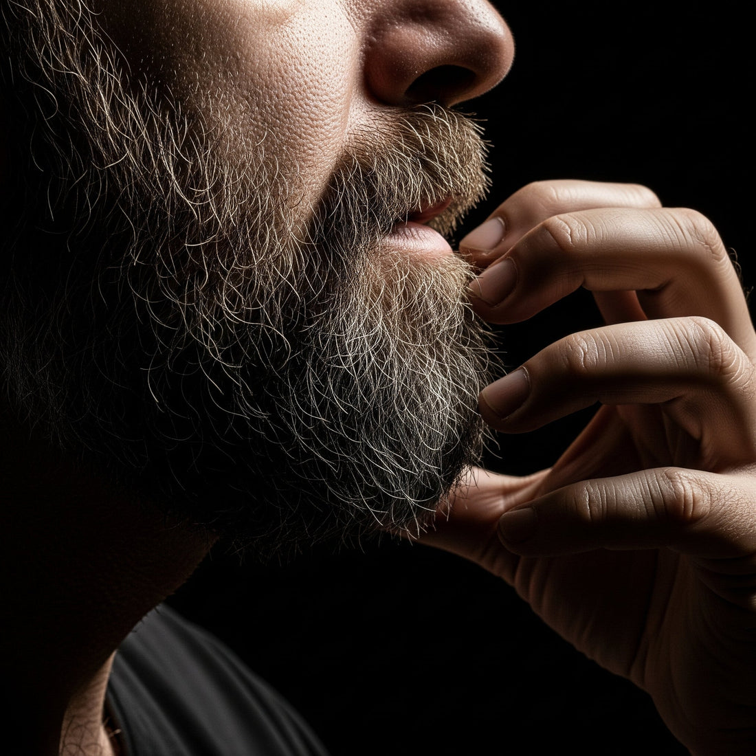 A detailed macro photograph illustrating one of the causes of an itchy beard, showing dry skin on the jawline beneath the beard hair.