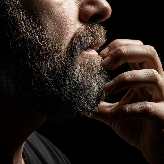 A detailed macro photograph illustrating one of the causes of an itchy beard, showing dry skin on the jawline beneath the beard hair.