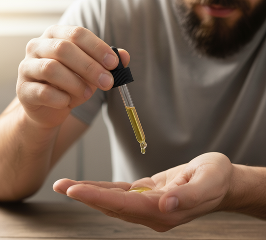 A man carefully dispensing a drop of natural, softening beard oil, demonstrating the correct way to start a beard care routine for maximum softness.