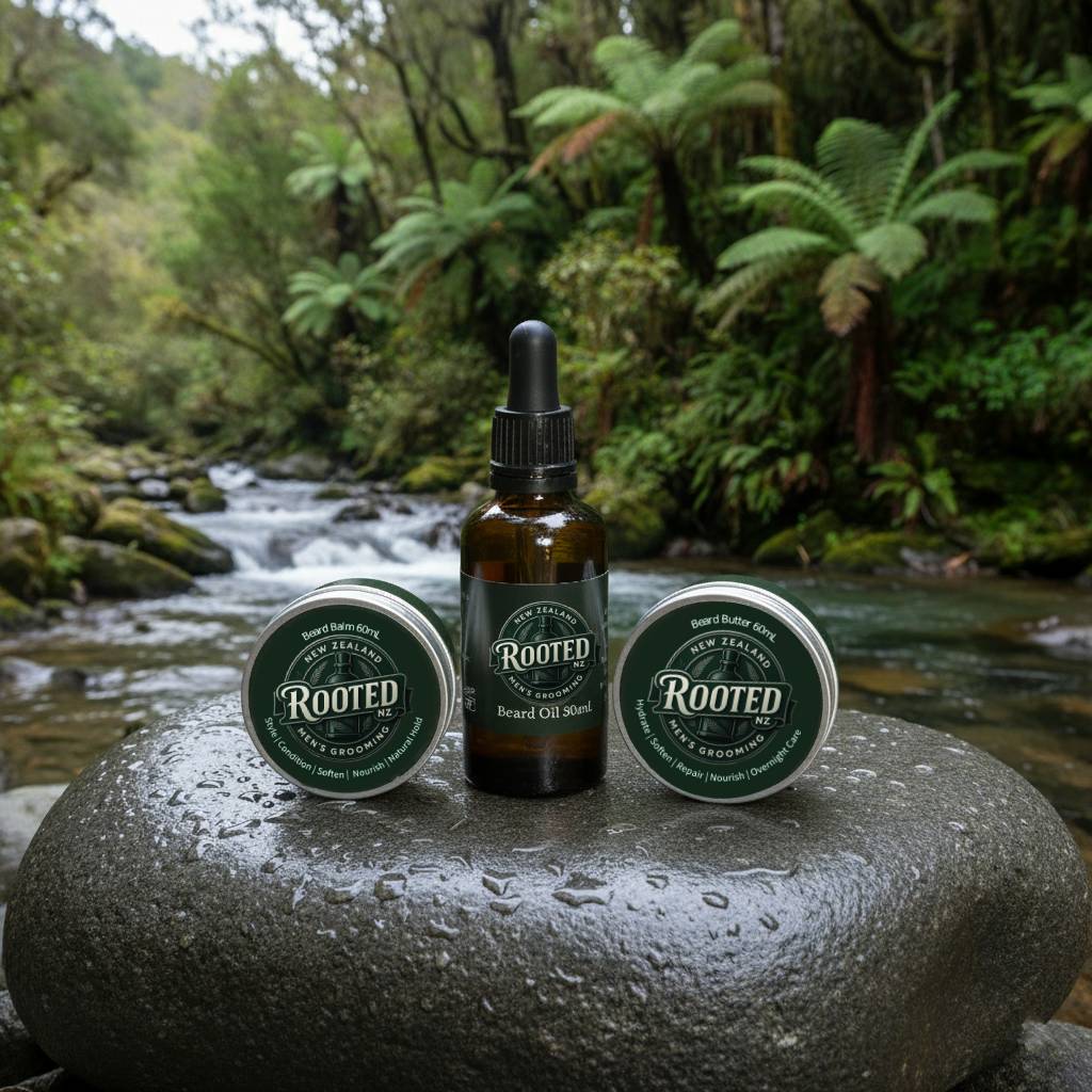Rooted NZ Natural, Nut-Free Beard oil, butter, and balm on river stone in forest