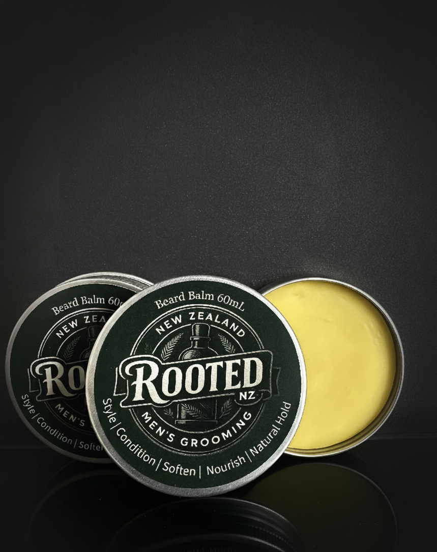 Rooted Beard Balm open with dark background