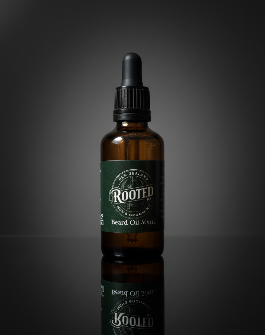 Rooted Beard oil with dark background