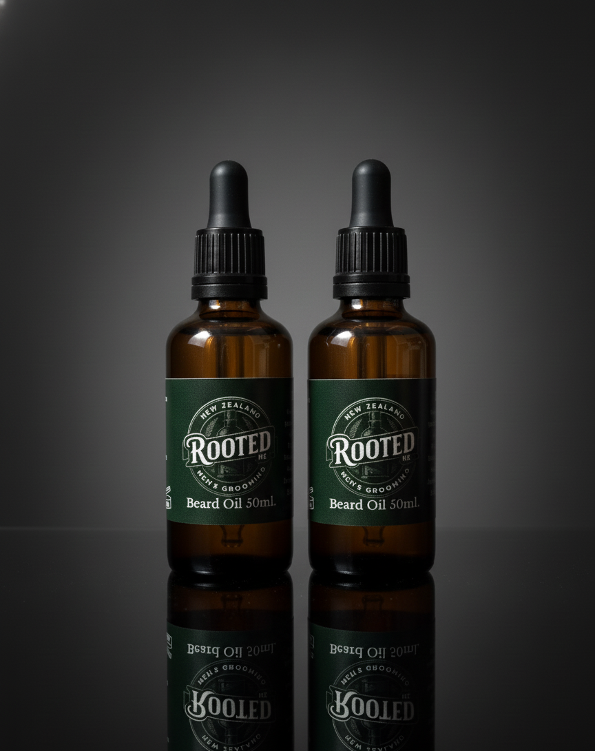 Two bottles of Rooted Beard Oil with dark background