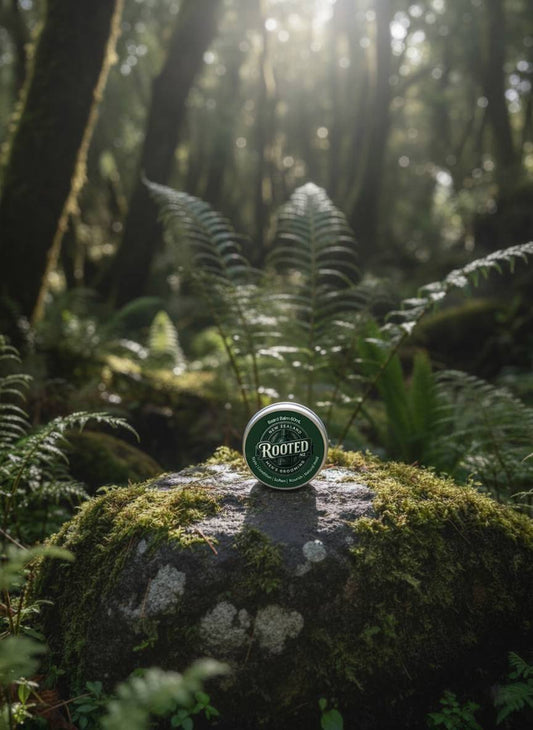 Rooted NZ Natural Nut-Free Beard Balm in tin with green 'Rooted NZ' label. Manuka Smoke or unscented